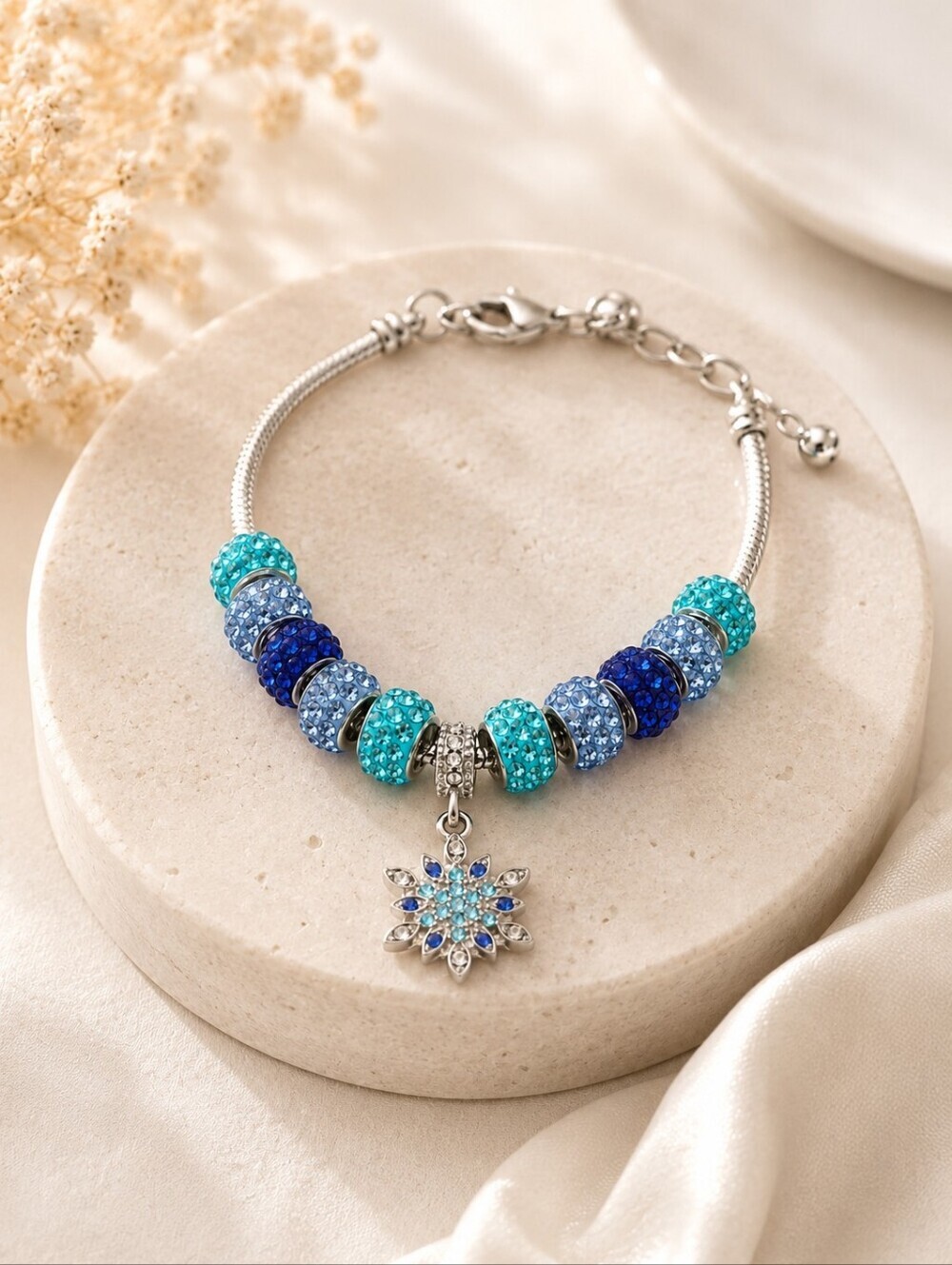 Blue & Aqua Crystal Snowflake Charm Bracelet - Silver Tone Snake Chain